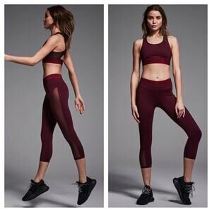 Varley Alden Cropped Burgundy Mesh Logo Tight Leggings XS